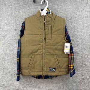 Eddie Bauer Kids Size 6 Tan Faux Sherpa‎ Lined Vest Blue Plaid Flannel Shirt Set